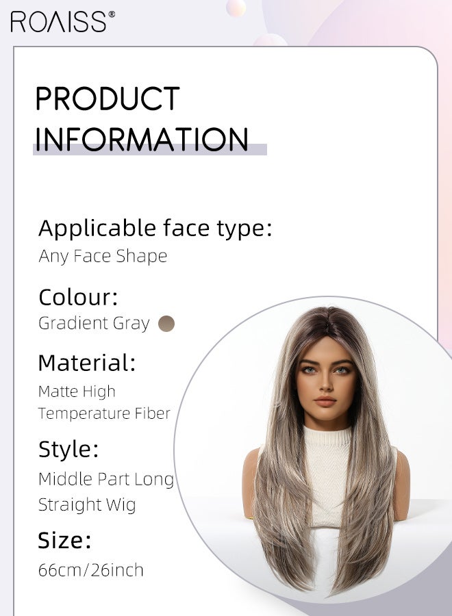 roaiss Gradient Grey Long Straight Wig, Women's Middle Parted Soft Synthetic Heat Resistant Layered Wig, Natural Looking Suitable for Wedding, Cosplay Party Daily Wear, 65cm (26 Inches) - Image 3